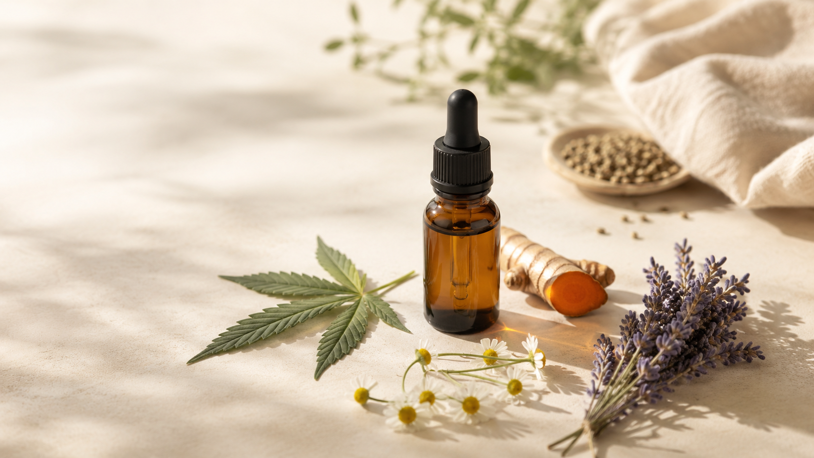 CBD-Öl-Flasche mit Kamille, Lavendel, Hanfblatt und Kurkuma auf heller Naturfläche als Symbol für verschiedene wissenschaftlich untersuchte Einsatzgebiete von CBD.