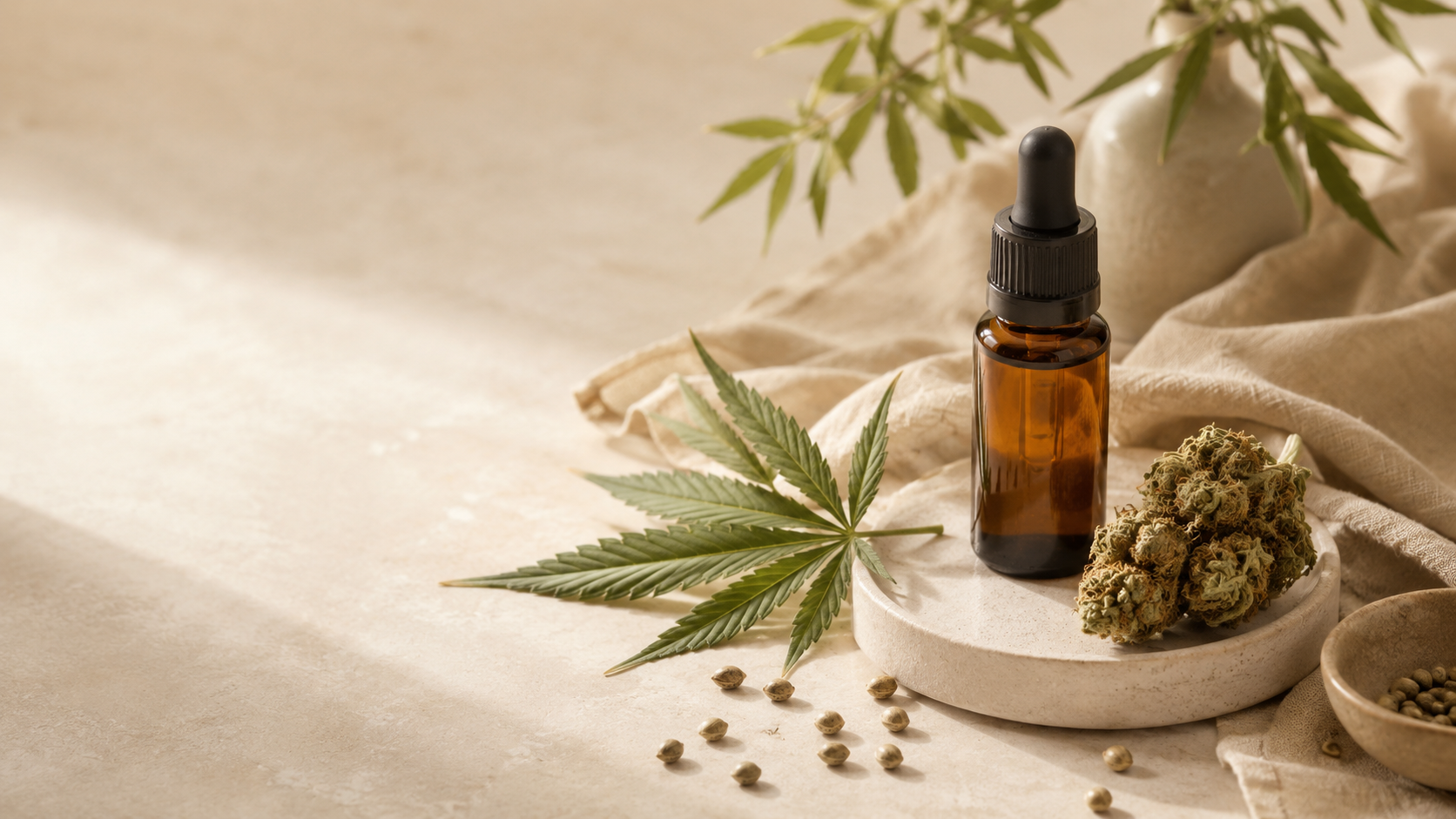Stillleben mit CBD-Öl, Hanfblatt, Hanfsamen und getrockneter Hanfblüte auf heller Leinenoberfläche als Symbol für verschiedene Cannabinoide und ihre natürliche Herkunft.