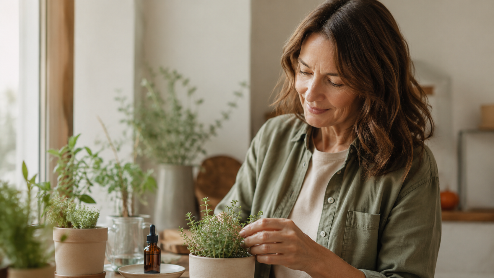 Woman comfortably tending a potted herb plant beside a CBD oil bottle in a calm, natural home setting, representing CBD and arthrosis wellness.