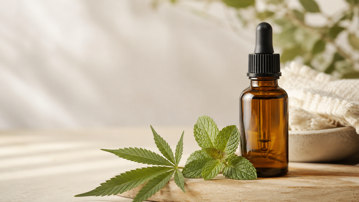 Amber glass CBD oil dropper bottle with a fresh mint sprig and a single hemp leaf on a warm wooden surface in soft natural light, with clean negative space for a wellness editorial banner about CBD and inflammation.