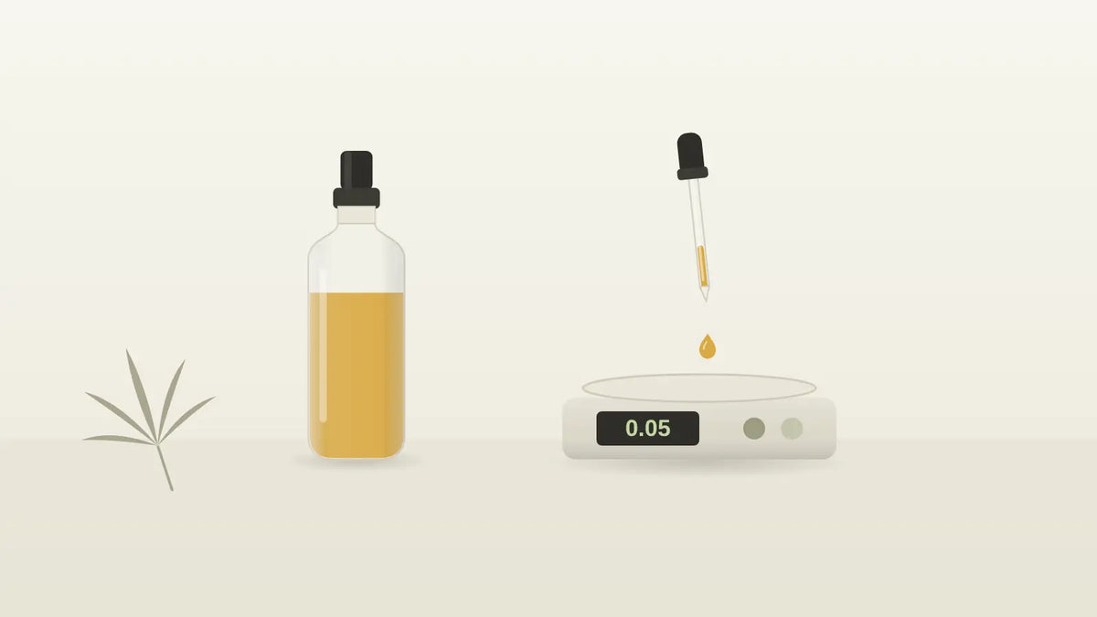 Feinwaage und Pipette mit einem einzelnen Tropfen als Symbol für sehr kleine CBD-Mengen