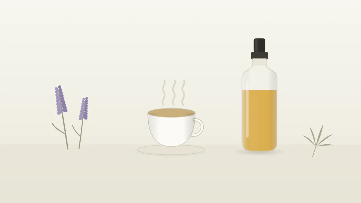 Kräutertee mit Lavendel und CBD-Öl-Fläschchen als natürliche Alternativen