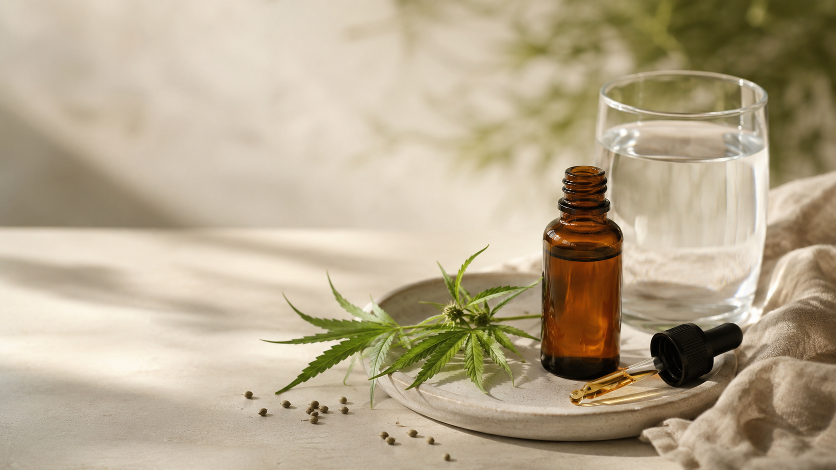 Amberfarbene CBD-Öl-Flasche mit abgelegter Pipette, Glas Wasser und frischem Hanfblatt auf heller Holzoberfläche in ruhiger Wellness-Atmosphäre als Symbol für die sachliche Betrachtung möglicher CBD-Nebenwirkungen auf die Leber.