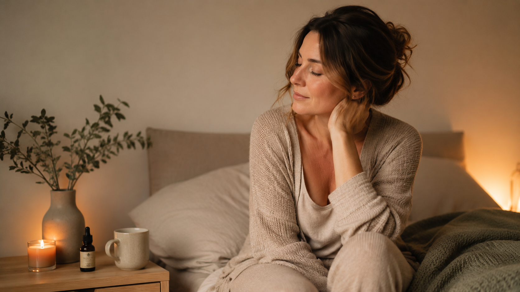 Natürliche Frau in einer ruhigen Abendroutine auf dem Bett mit CBD-Öl auf dem Nachttisch – stimmungsvolles Symbolbild für Schlafstörungen, Wirkung, Dosierung und Erfahrungen mit CBD-Öl.