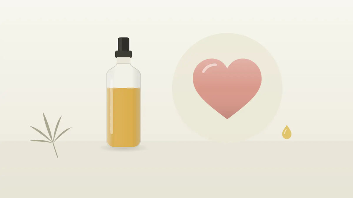 Herz neben einem CBD-Öl-Fläschchen als Symbol für Herz und Cholesterin