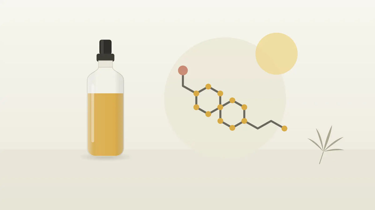Molekülstruktur und Sonnenkreis als Symbol für Serotonin neben einem CBD-Öl-Fläschchen