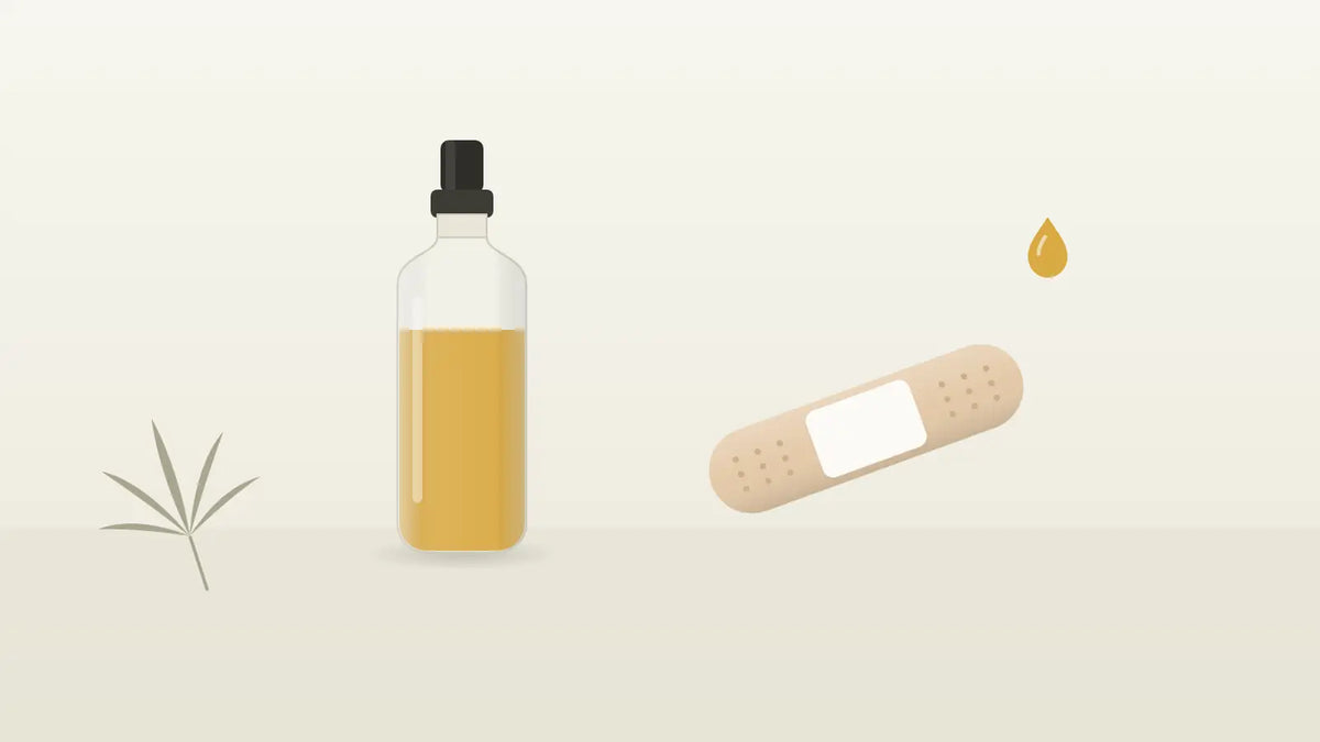 Pflaster und CBD-Öl-Fläschchen als Symbol für die Wundpflege