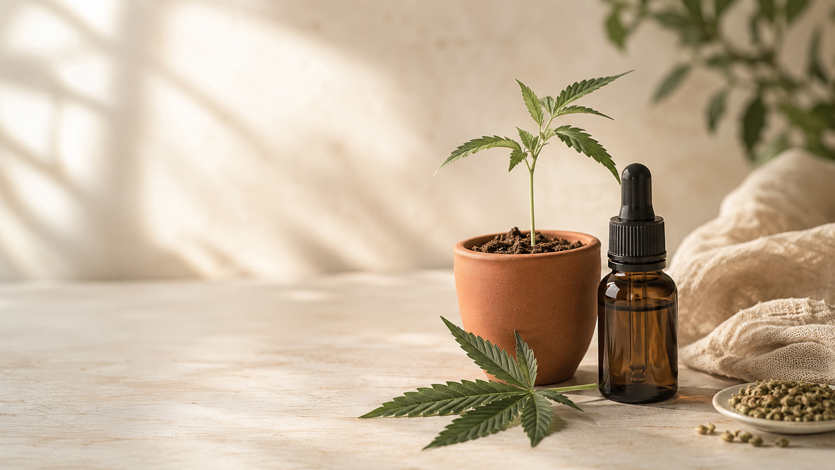 Junge Hanfpflanze im Terrakottatopf neben einer bernsteinfarbenen CBD-Öl-Pipettenflasche auf einer warmen, natürlichen Oberfläche – symbolisches Stillleben für Cannabigerol (CBG) und seinen Ursprung als „Mutter-Cannabinoid“.