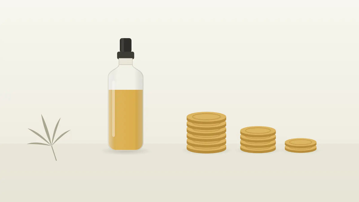 Münzstapel neben einem CBD-Öl-Fläschchen als Symbol für den Preis von CBD Öl