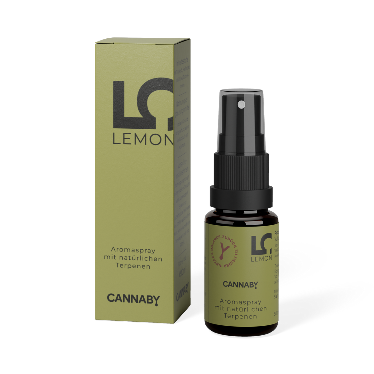 CBD Spray 5 % Lemon von CANNABY mit Verpackung und Glasflasche