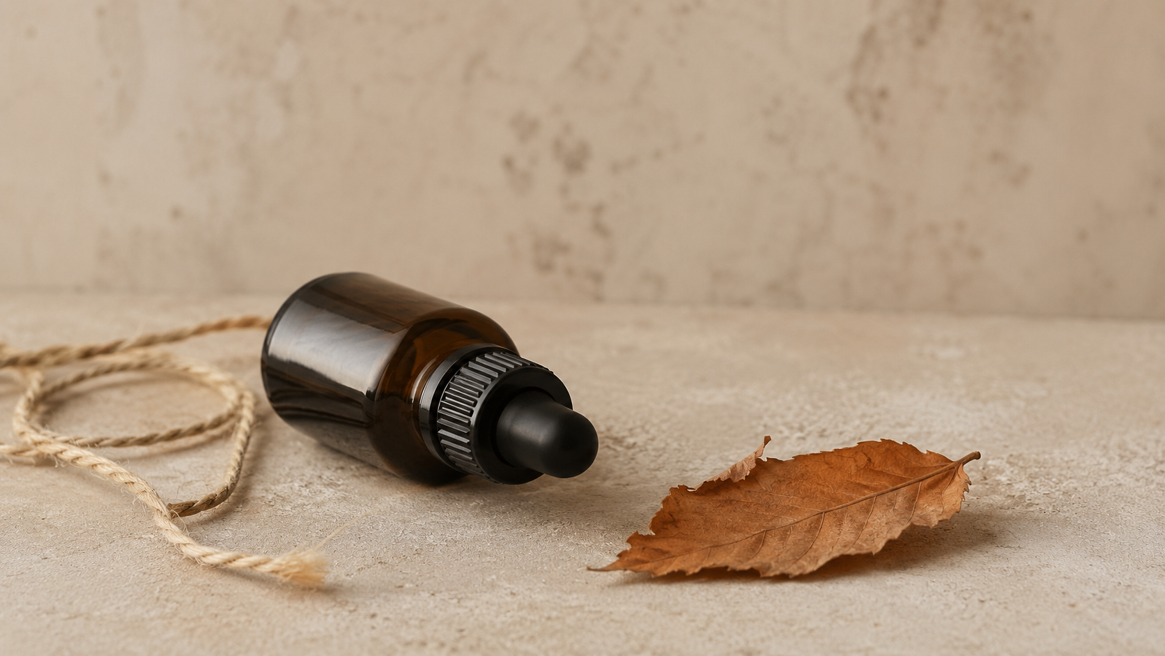 Unmarked dark glass dropper bottle lying on its side beside a dried autumn leaf and loosely coiled natural twine on a warm stone surface, symbolizing the discontinued status of 10-OH-HHC in a calm, editorial setting.