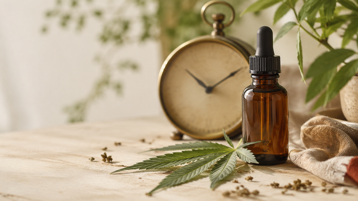 Vintage clock with hemp leaf and CBD oil bottle in a warm editorial still life symbolizing the cultural meaning of 420.