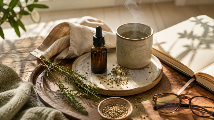CBD oil bottle with a warm cup of tea, rosemary, linen cloth, journal, and reading glasses arranged in a calm morning wellness routine.