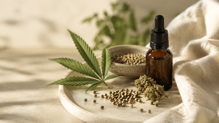 Stillleben mit Hanfblatt, Hanfsamen, getrockneter Hanfblüte und CBD-Öl zur Veranschaulichung verschiedener Cannabinoid-Quellen.