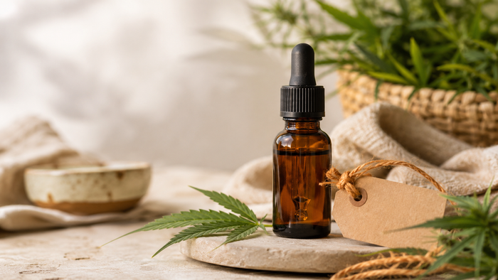 Amber cannabis oil dropper bottle with a kraft paper tag, fresh hemp leaves and natural wellness accessories arranged in a warm, premium still-life setting.