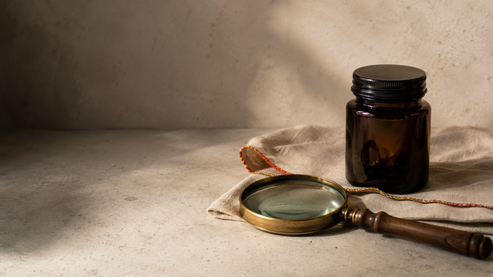Unbranded amber glass jar beside a vintage magnifying glass on a neutral stone surface, symbolizing careful examination of the synthetic cannabinoid CB9 in a calm editorial setting.