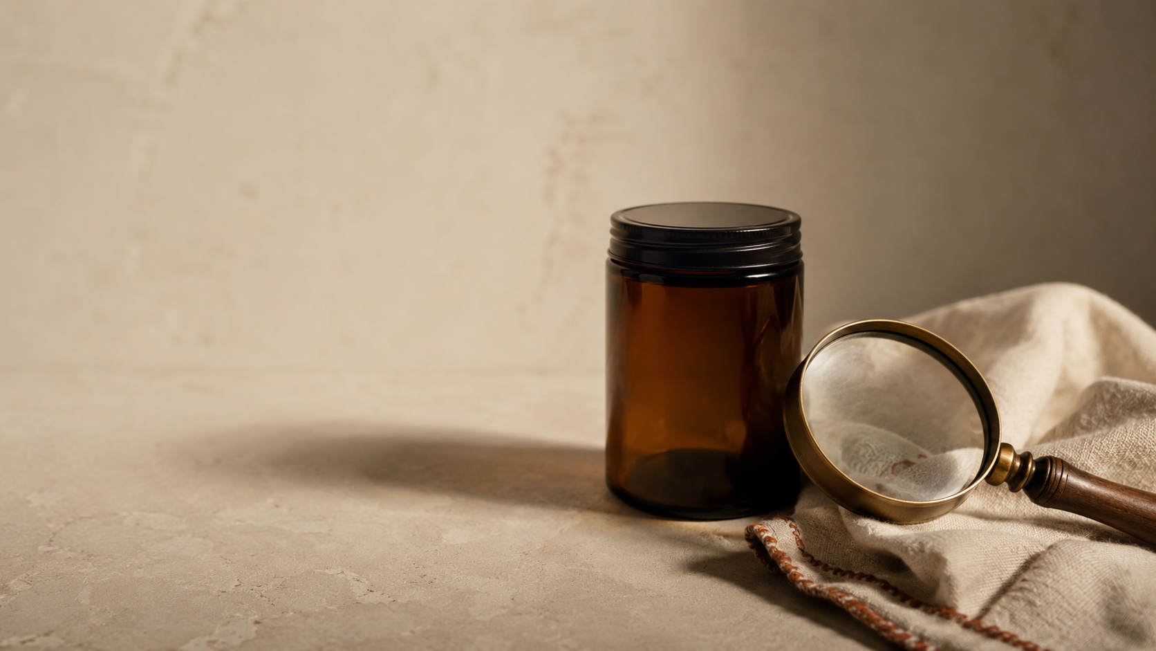Unbranded amber glass jar beside a magnifying glass on a linen cloth, symbolizing careful investigation of the synthetic cannabinoid CB9 and its marketing as a legal high.