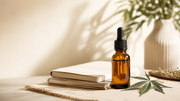 Amber CBD oil dropper bottle beside plain research booklets and a fresh hemp leaf on a warm natural surface, symbolising evidence-based information about CBD and autism in a calm editorial setting.