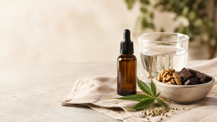 CBD-Öl-Flasche mit Glas Wasser, Walnüssen und dunkler Schokolade auf einer natürlichen Wellness-Stillleben-Szene als Symbol für einen ausgewogenen Lebensstil bei Bluthochdruck.