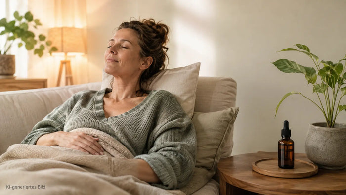 Frau entspannt auf einem Sofa mit CBD-Öl in warmer, ruhiger Wohnatmosphäre