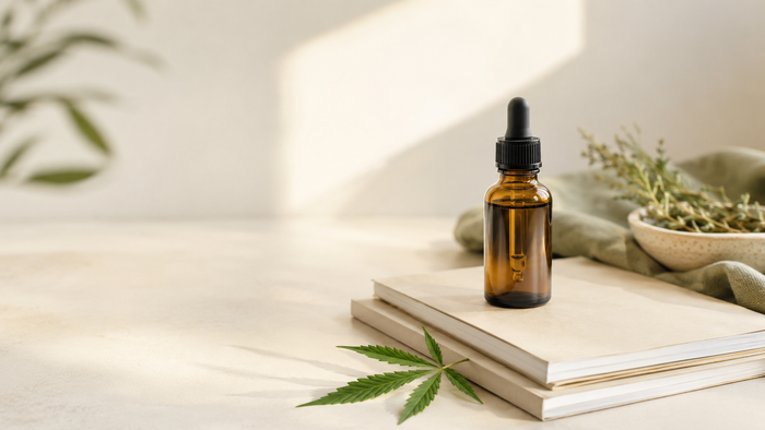 Amber CBD oil bottle beside plain research booklets and a hemp leaf in a warm, minimalist still-life representing evidence-based information about CBD and epilepsy.