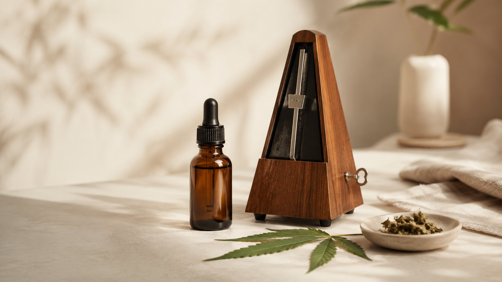 Amber CBD oil bottle beside a classic wooden metronome and a fresh hemp leaf on a warm natural surface, symbolising calm rhythm and evidence-based wellness.