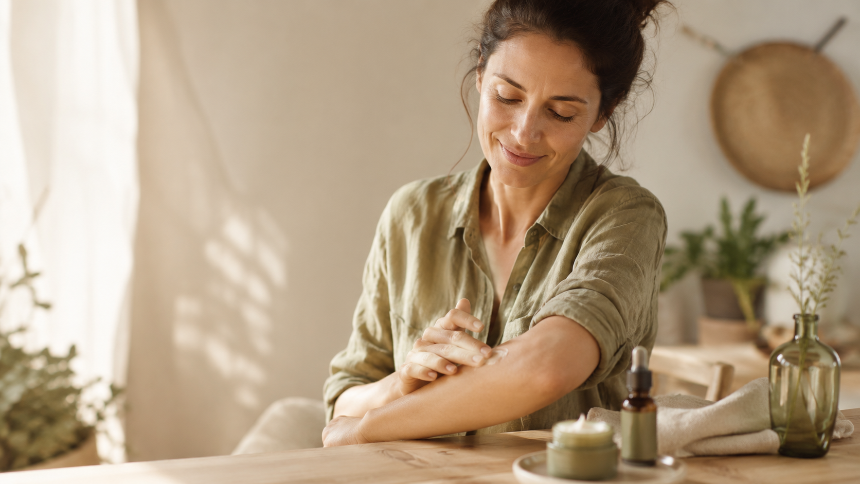 Frau trägt sanft eine Pflegecreme auf ihren Unterarm auf, begleitet von einer CBD-Creme und einem Öl in einer warmen, natürlichen Wellness-Umgebung.