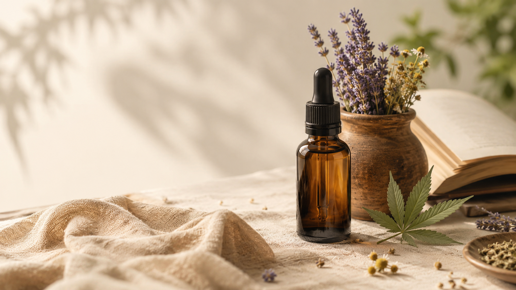 Amber CBD oil dropper bottle beside dried lavender in a ceramic vessel, an open botanical reference book, and a fresh hemp leaf in a warm, minimalist wellness still-life representing evidence-based research on CBD for Parkinson's.