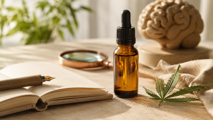 CBD Öl Flasche mit Notizbuch, Lupe und Hanfblatt in einer ruhigen, natürlichen Stillleben-Szene zum Thema Forschung und sichere Anwendung bei Psychose.