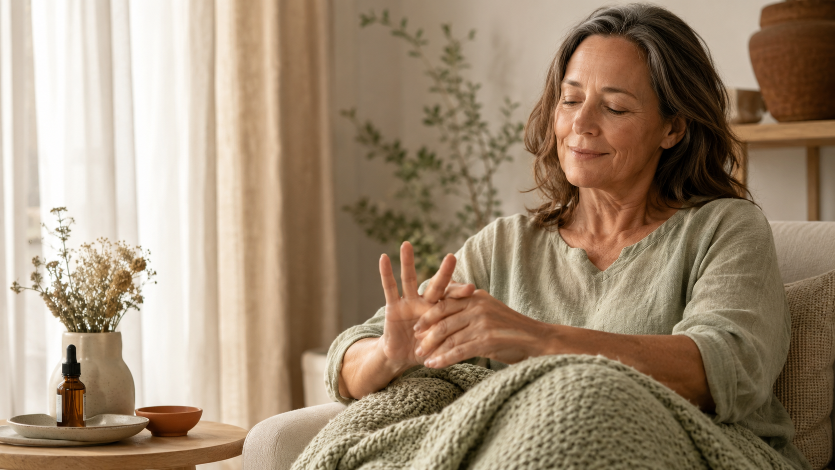 Woman gently stretching her fingers under a knitted blanket with CBD oil nearby in a calm wellness setting