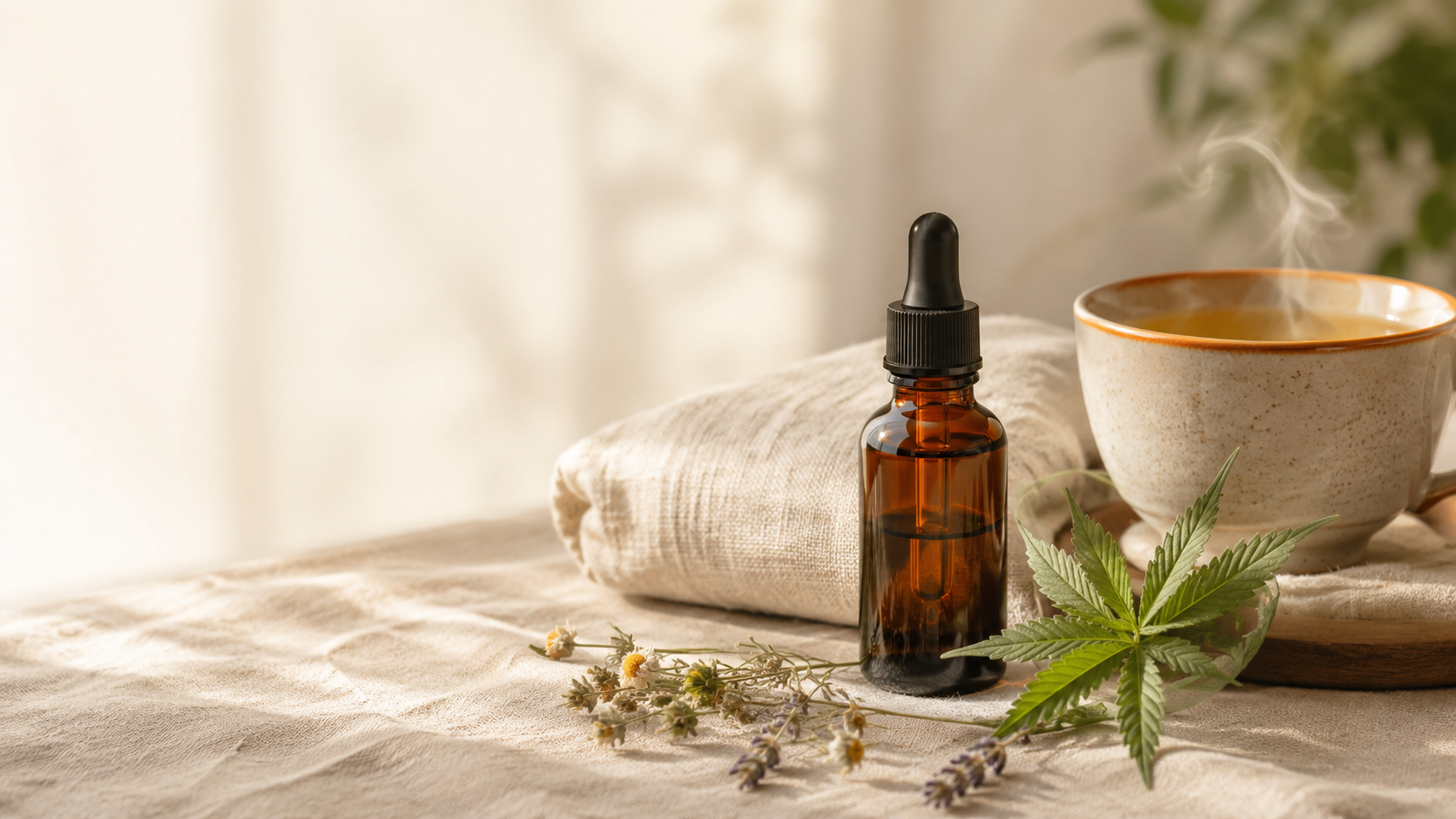 CBD Öl Flasche mit Kräutertee, Leinentuch und beruhigenden Botanicals in einer warmen Wellness-Stillleben-Szene zur Zahnarztangst.