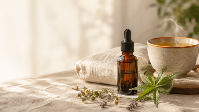 CBD Öl Flasche mit Kräutertee, Leinentuch und beruhigenden Botanicals in einer warmen Wellness-Stillleben-Szene zur Zahnarztangst.