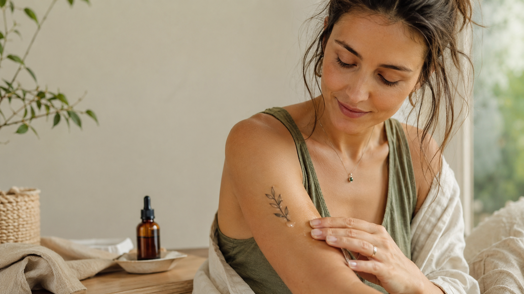 Frau trägt beruhigenden CBD-Balsam auf ein kleines Tattoo am Oberarm auf – natürliche Tattoo-Nachpflege in ruhiger Wellness-Atmosphäre.