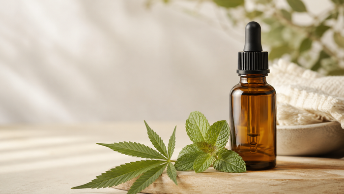 Amber glass CBD oil dropper bottle with a fresh mint sprig and a single hemp leaf on a warm wooden surface in soft natural light, with clean negative space for a wellness editorial banner about CBD and inflammation.