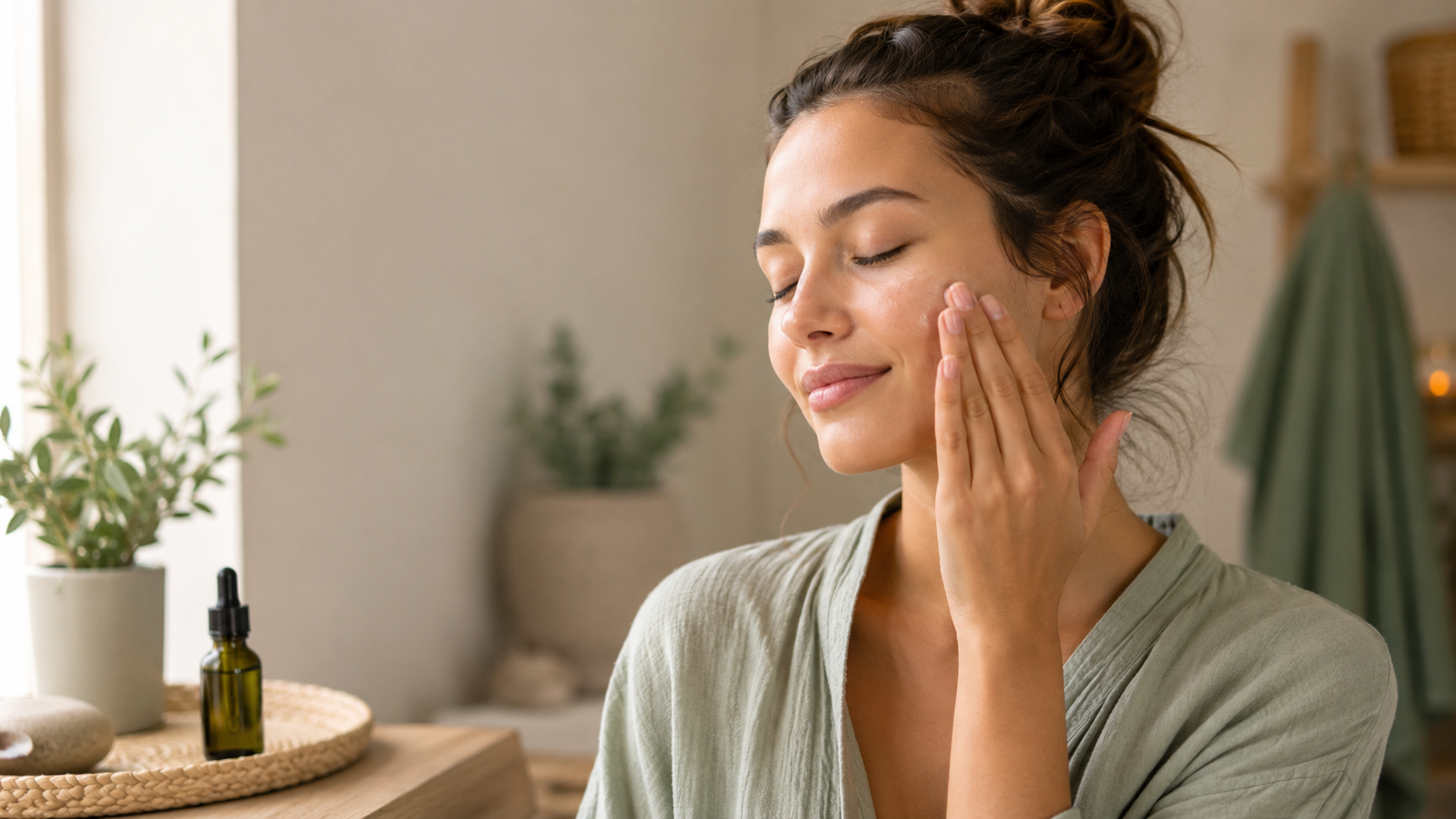 Junge Frau trägt sanft ein CBD-Serum auf ihre Wange auf – ruhige Hautpflegeroutine mit natürlichem Glow in einem warmen, minimalistischen Badezimmer.