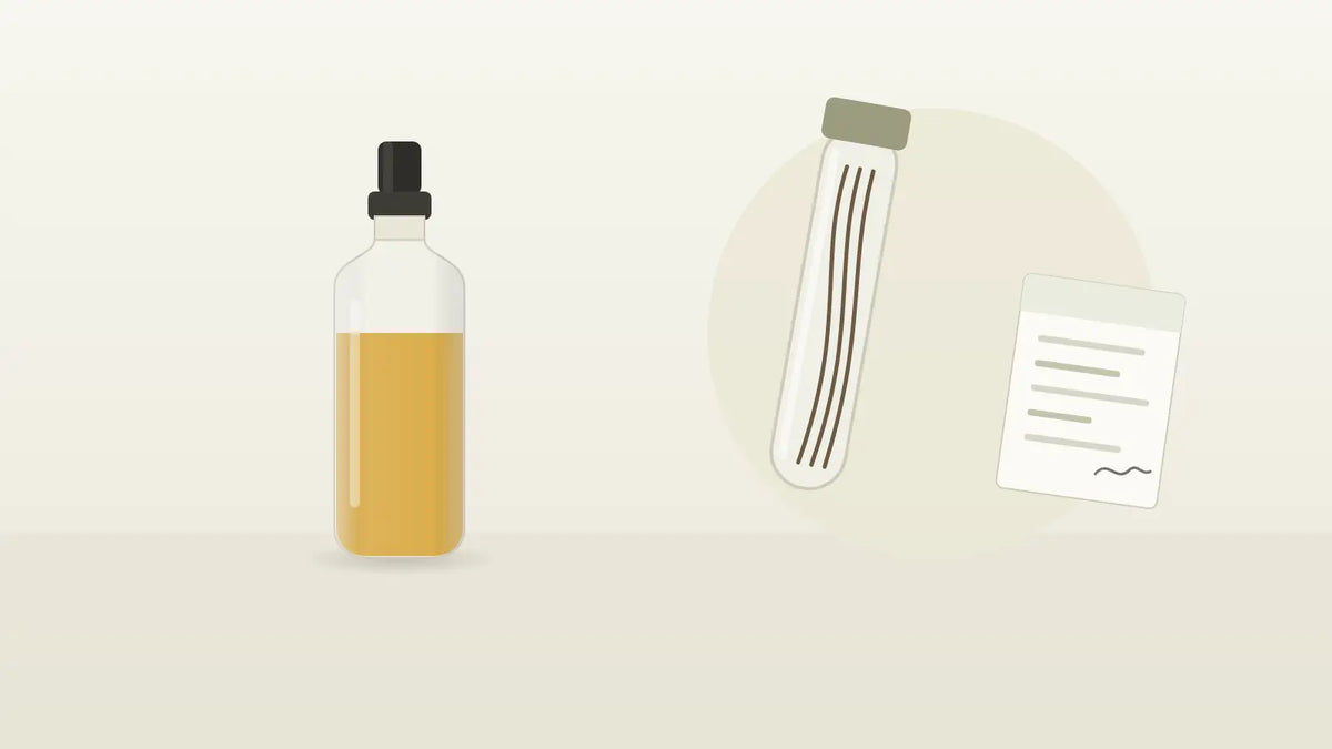 Laborröhrchen mit Haarsträhne neben einem CBD-Öl-Fläschchen als Symbol für die Haaranalyse