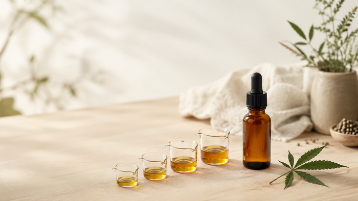 Amber CBD oil dropper bottle beside a row of small measuring cups with increasing amounts of oil, symbolizing a gradual CBD regimen over time, with a fresh hemp leaf on a warm natural surface in soft daylight.