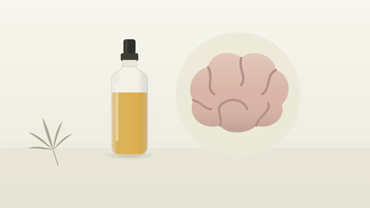 Stilisiertes Gehirn neben einem CBD-Öl-Fläschchen