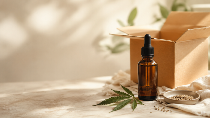Amber CBD oil dropper bottle beside an open plain kraft shipping box with a fresh hemp leaf on a warm neutral surface, symbolising a safe and trusted direct purchase in a premium wellness setting.