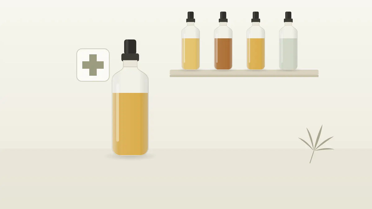 Apothekenregal mit Fläschchen und Apothekenkreuz neben einem CBD-Öl-Fläschchen