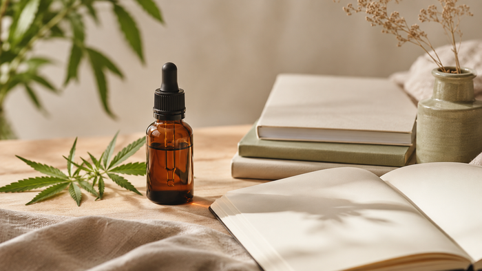 Amber CBD oil dropper bottle beside plain research booklets, an open blank notebook, and a fresh hemp leaf on a warm natural surface