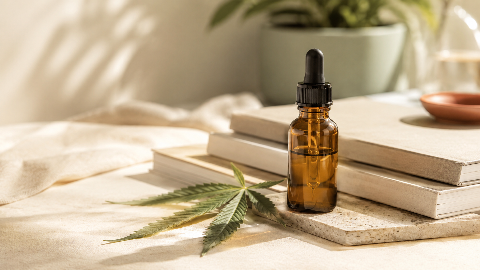CBD-Öl-Flasche neben schlichten Studienheften und einem Hanfblatt als ruhige Darstellung zum Thema Multiple Sklerose und wissenschaftliche Forschung.