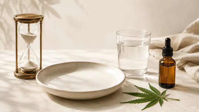 Minimalist editorial still life with an empty ceramic plate, a glass of water, an amber CBD oil dropper bottle, a brass hourglass, and a fresh hemp leaf on a warm cream surface, illustrating the question of whether CBD oil breaks a fasting period.