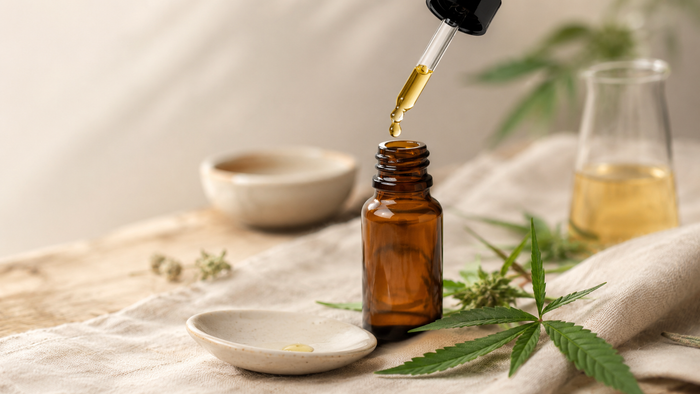 CBD-Öl-Tropfflasche mit Pipette und schwebendem Tropfen über einer kleinen Keramikschale als Symbol für die richtige CBD-Öl-Dosierung.chtige CBD-Öl-Dosierung.