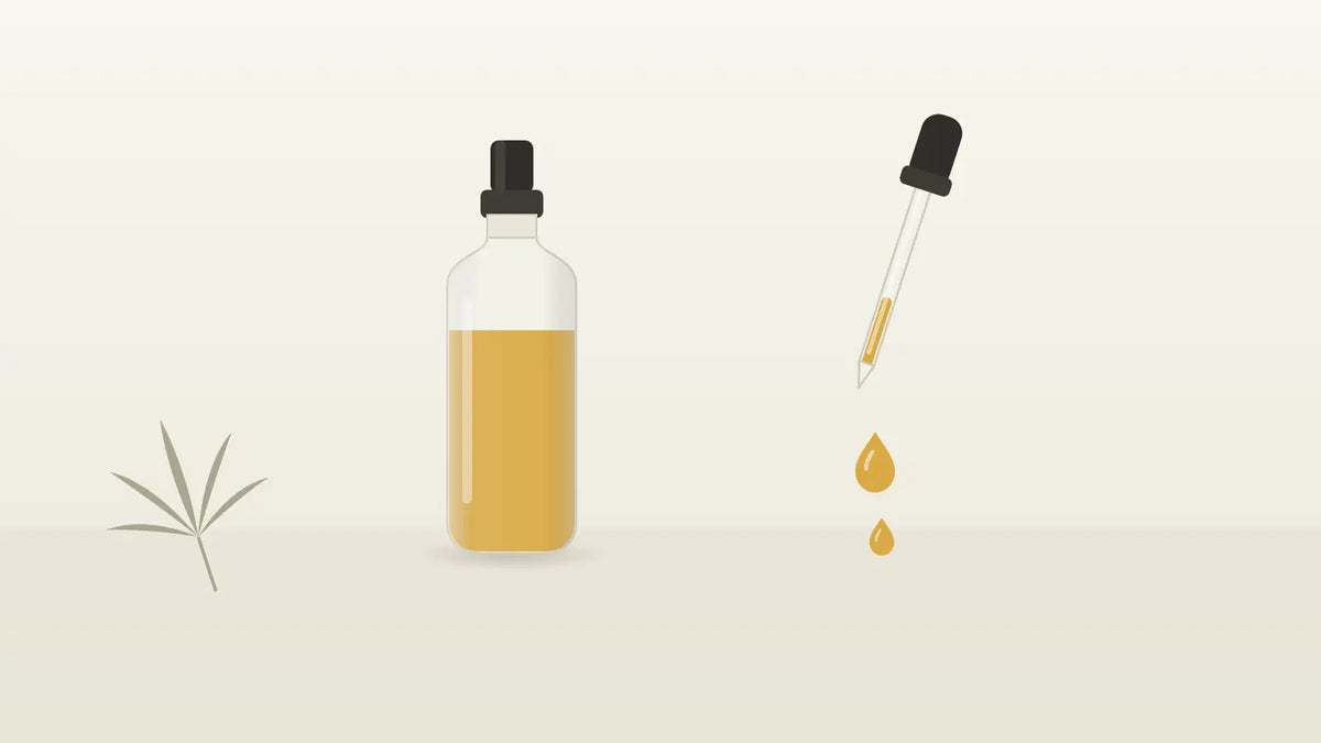Pipette mit goldgelbem Öltropfen über einem CBD-Öl-Fläschchen als Symbol für die Einnahme