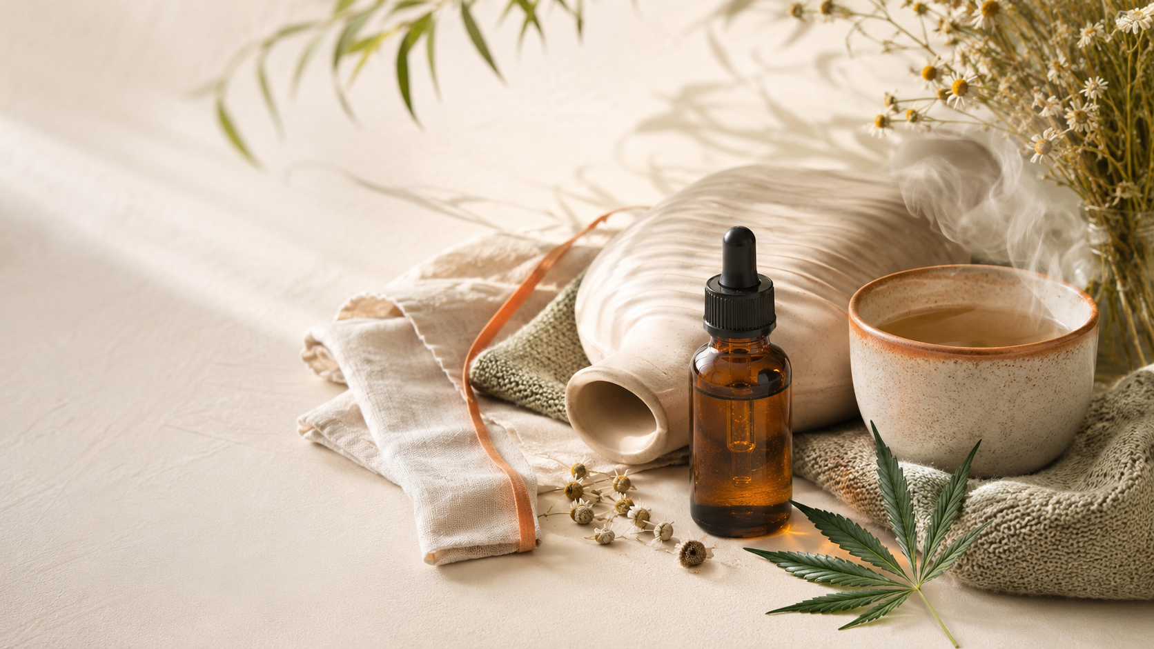 Amber CBD oil dropper bottle beside warm herbal tea, soft linen, ceramic hot water bottle, chamomile, and subtle hemp leaf in a calming wellness still life.