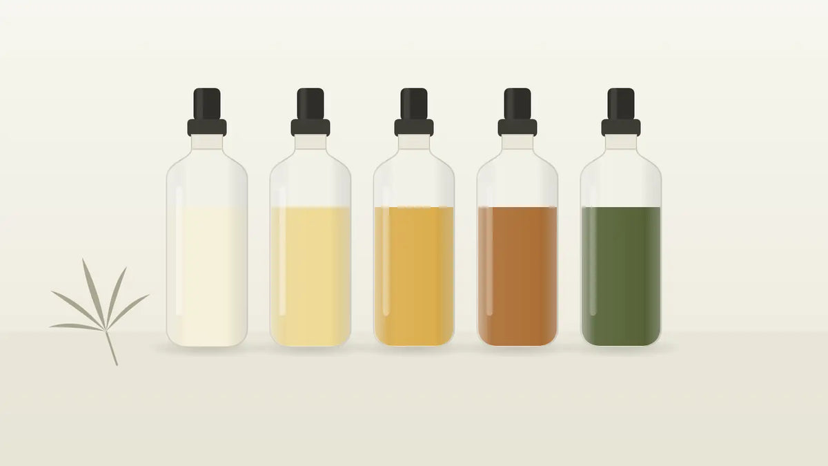 Fünf CBD-Öl-Fläschchen nebeneinander, von fast klar über goldgelb und bernstein bis dunkelgrün, als Übersicht der möglichen Farben von CBD Öl