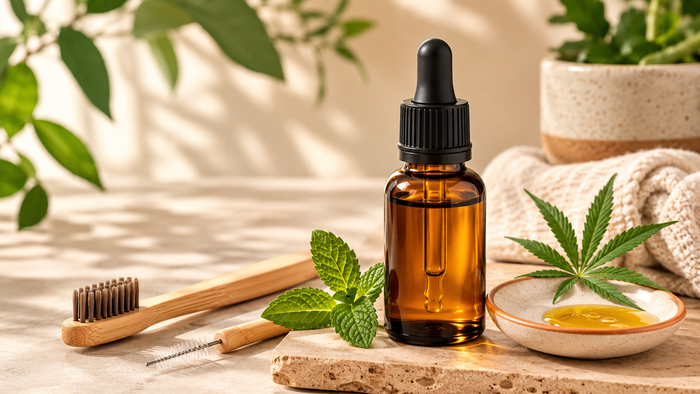 Amber CBD oil dropper bottle with a bamboo toothbrush, natural interdental brush, ceramic dish of oil, fresh mint, and a hemp leaf arranged in a warm, minimalist wellness still life.