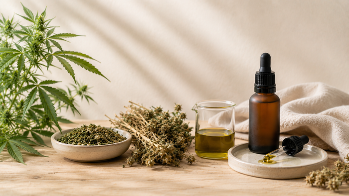 Stillleben zur CBD-Öl-Herstellung mit Hanfpflanzen, getrocknetem Pflanzenmaterial und CBD-Öl-Pipettenflasche
