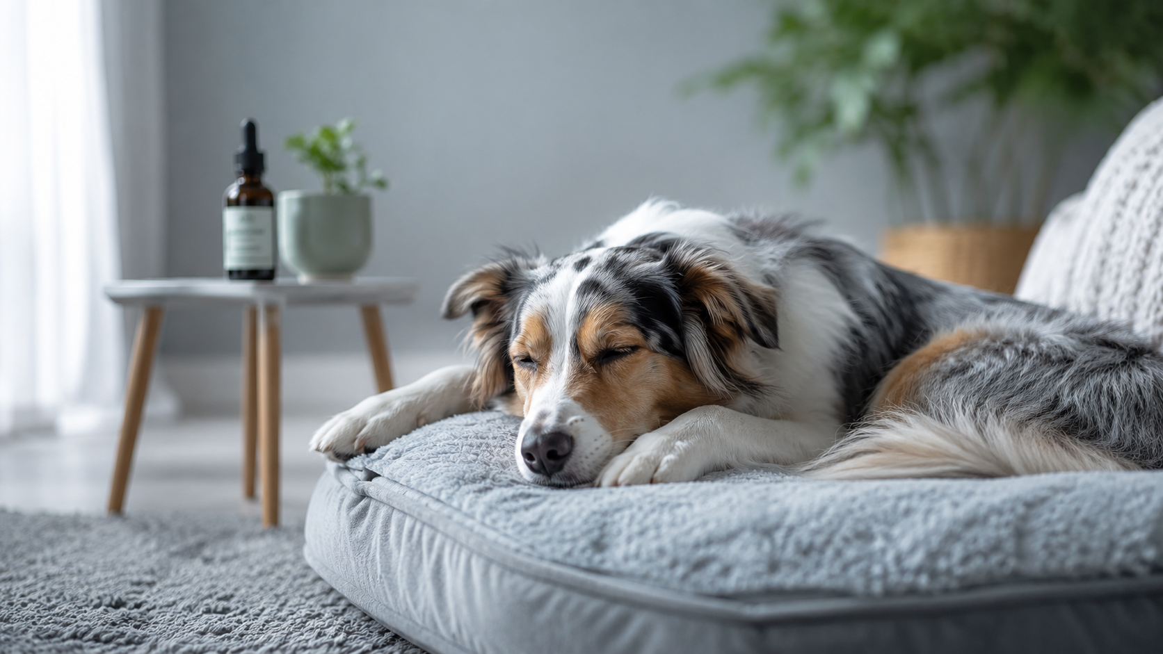 Entspannter mittelgroßer Hund ruht friedlich auf einem weichen Hundebett in einem hellen Wohnzimmer, während eine unscharfe CBD-Öl-Flasche für Haustiere im Hintergrund steht.